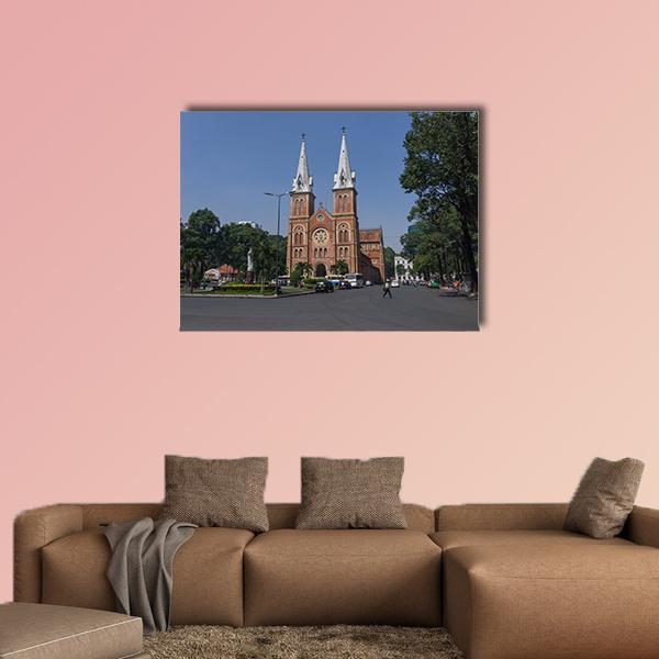 Saigon Notre-dame Cathedral Basilica Canvas Wall Art in gray, brown and blue, single panel hung on a wall
