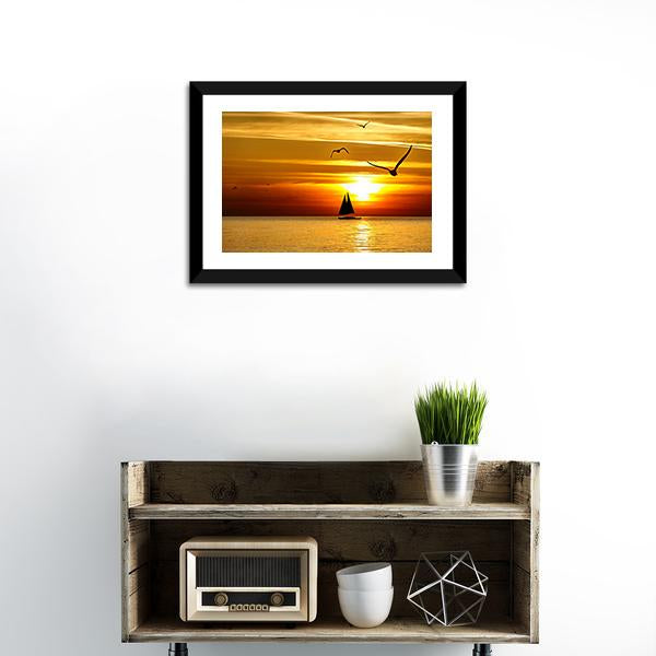 Sail Boat At Sea Sunset Canvas Wall Art-1 Piece-Framed Print-20" x 16"-Tiaracle