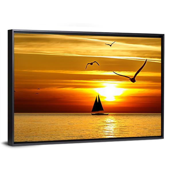 Sail Boat At Sea Sunset Canvas Wall Art-5 Horizontal-Gallery Wrap-22" x 12"-Tiaracle