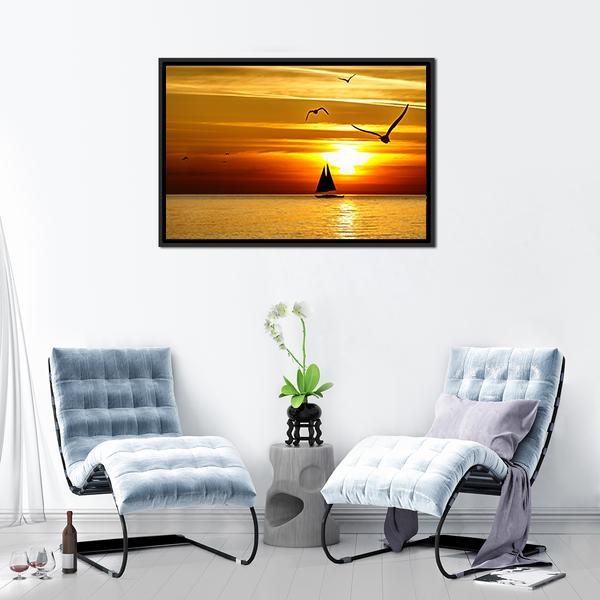 Sail Boat At Sea Sunset Canvas Wall Art-1 Piece-Floating Frame-24" x 16"-Tiaracle