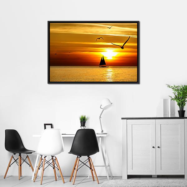 Sail Boat At Sea Sunset Canvas Wall Art-5 Horizontal-Gallery Wrap-22" x 12"-Tiaracle