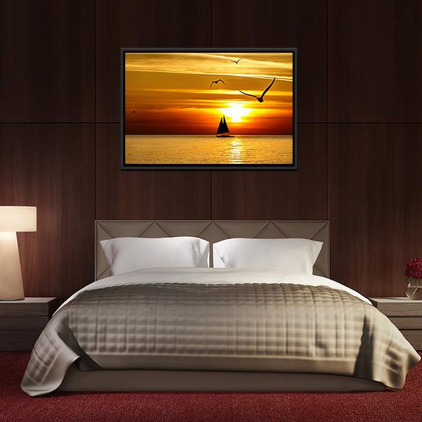 Sail Boat At Sea Sunset Canvas Wall Art-5 Horizontal-Gallery Wrap-22" x 12"-Tiaracle