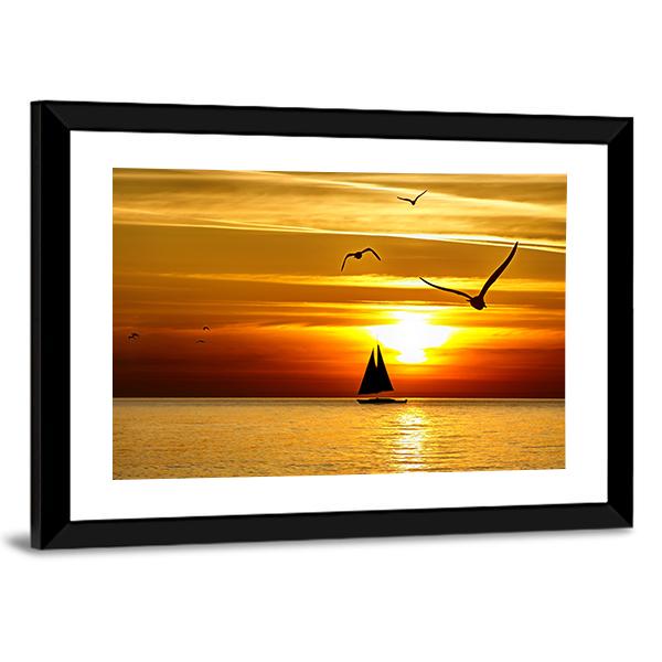 Sail Boat At Sea Sunset Canvas Wall Art-5 Horizontal-Gallery Wrap-22" x 12"-Tiaracle