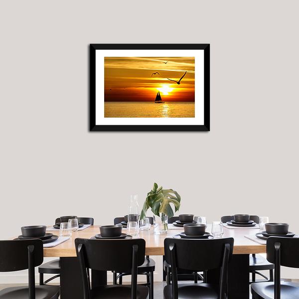 Sail Boat At Sea Sunset Canvas Wall Art-5 Horizontal-Gallery Wrap-22" x 12"-Tiaracle