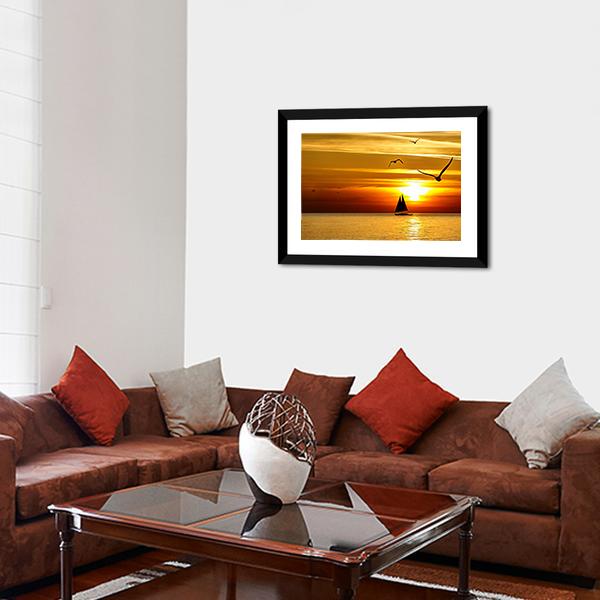 Sail Boat At Sea Sunset Canvas Wall Art-5 Horizontal-Gallery Wrap-22" x 12"-Tiaracle