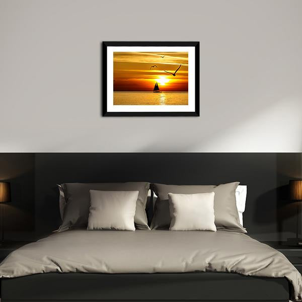 Sail Boat At Sea Sunset Canvas Wall Art-3 Horizontal-Gallery Wrap-25" x 16"-Tiaracle