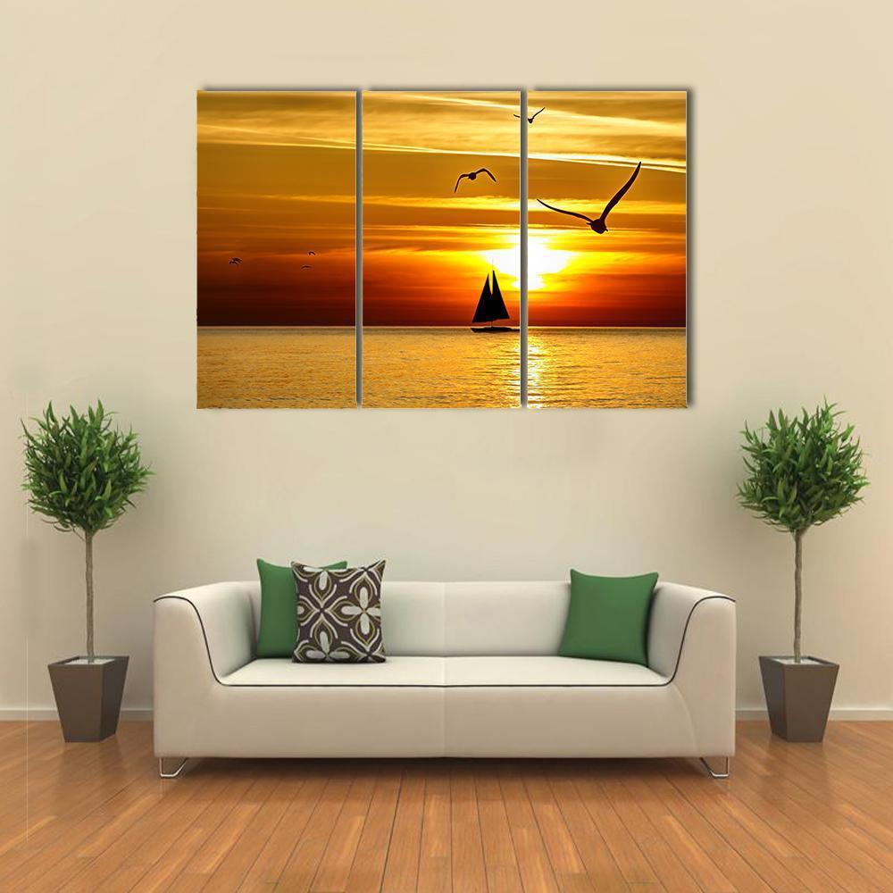 Sail Boat At Sea Sunset Canvas Wall Art-3 Horizontal-Gallery Wrap-37" x 24"-Tiaracle