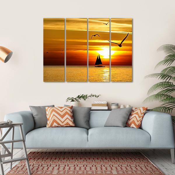 Sail Boat At Sea Sunset Canvas Wall Art-4 Horizontal-Gallery Wrap-34" x 24"-Tiaracle