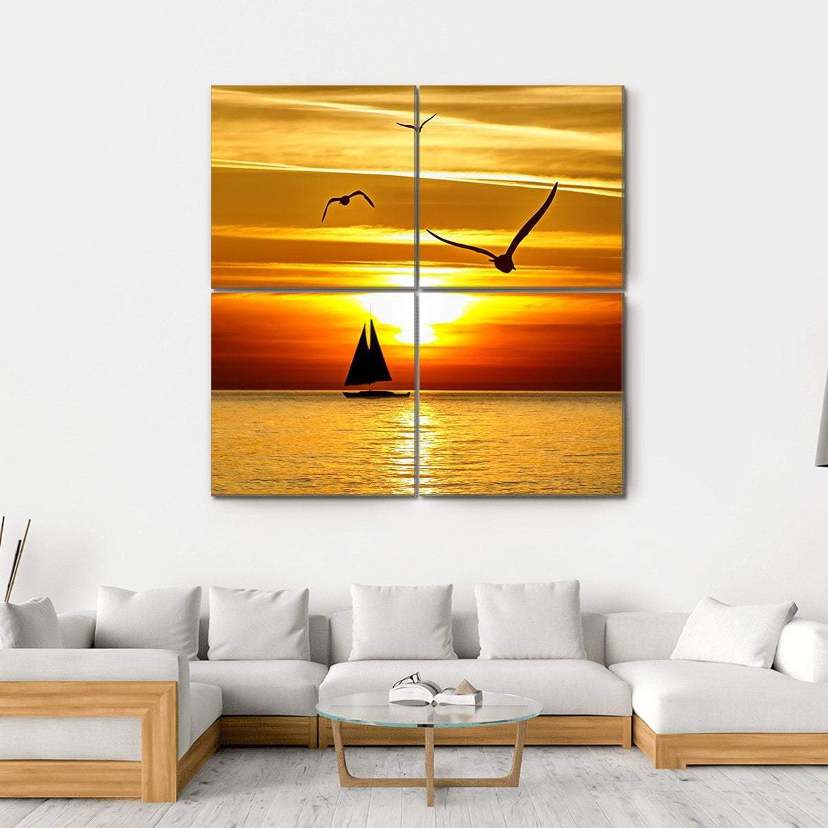 Sail Boat At Sea Sunset Canvas Wall Art-4 Square-Gallery Wrap-17" x 17"-Tiaracle