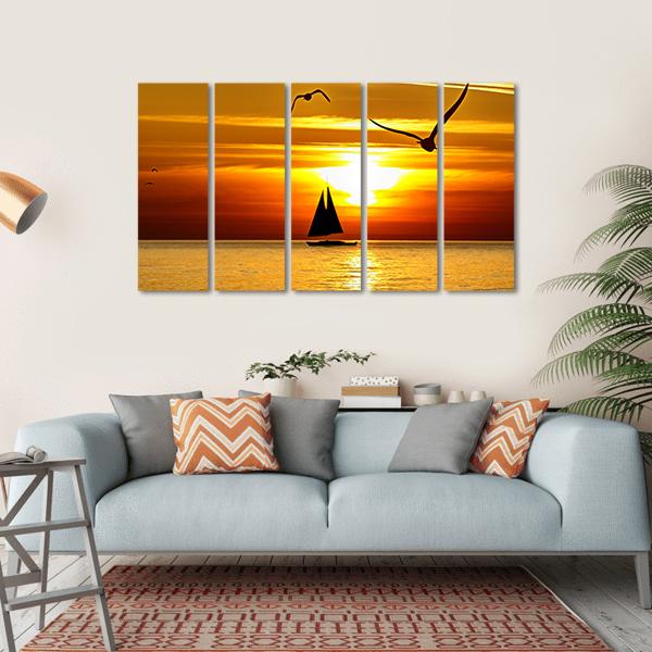 Sail Boat At Sea Sunset Canvas Wall Art-5 Horizontal-Gallery Wrap-22" x 12"-Tiaracle