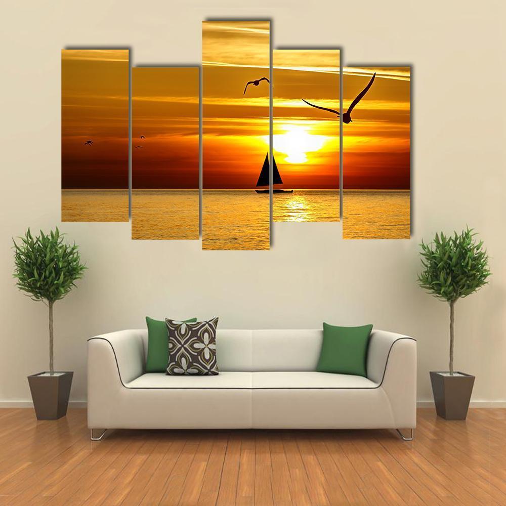 Sail Boat At Sea Sunset Canvas Wall Art-5 Pop-Gallery Wrap-47" x 32"-Tiaracle