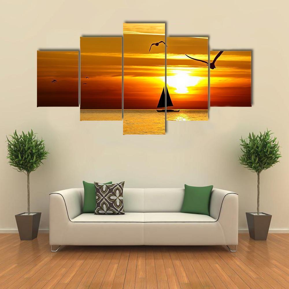 Sail Boat At Sea Sunset Canvas Wall Art-5 Star-Gallery Wrap-62" x 32"-Tiaracle