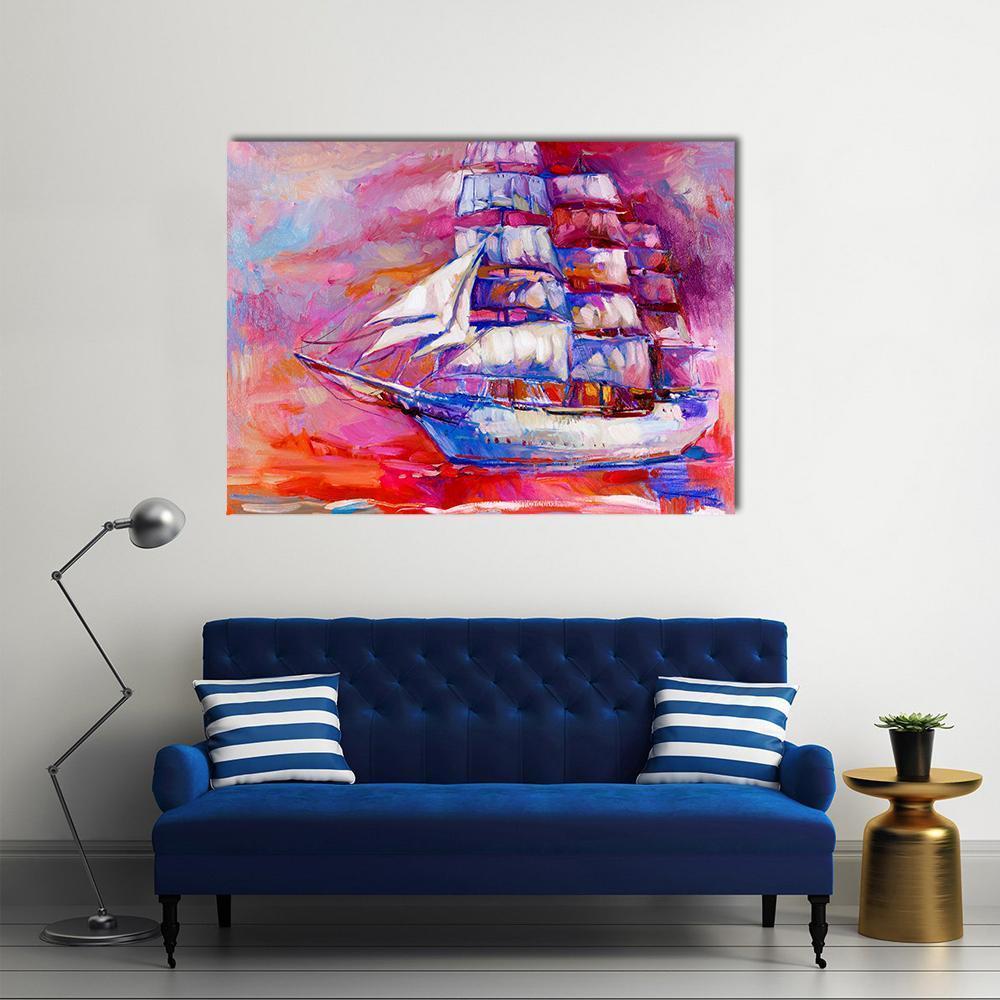 Vibrant Multi-masted Sailing Ship at Sea Canvas Wall Art in blue, pink and multicolor, single panel hung on a wall