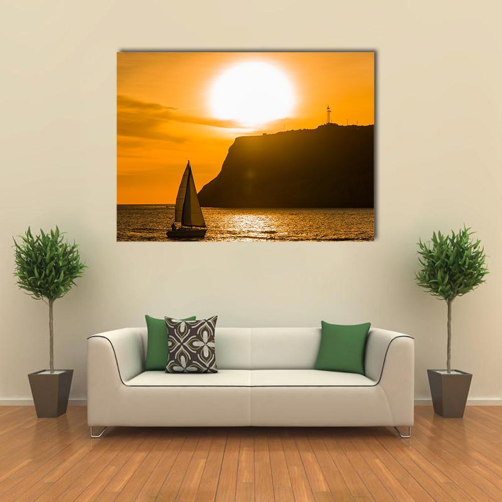 Sailboat At Orange Sunset Canvas Wall Art-1 Piece-Gallery Wrap-48" x 32"-Tiaracle
