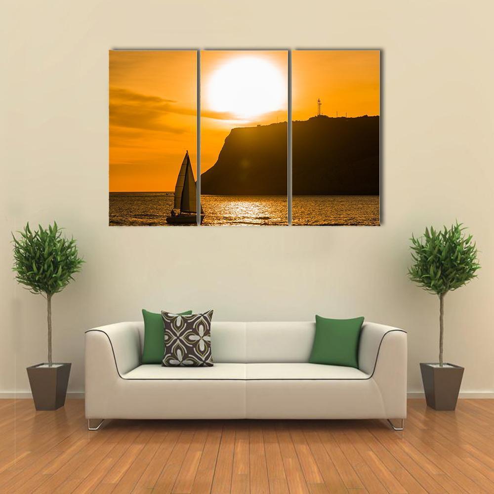 Sailboat At Orange Sunset Canvas Wall Art-3 Horizontal-Gallery Wrap-37" x 24"-Tiaracle