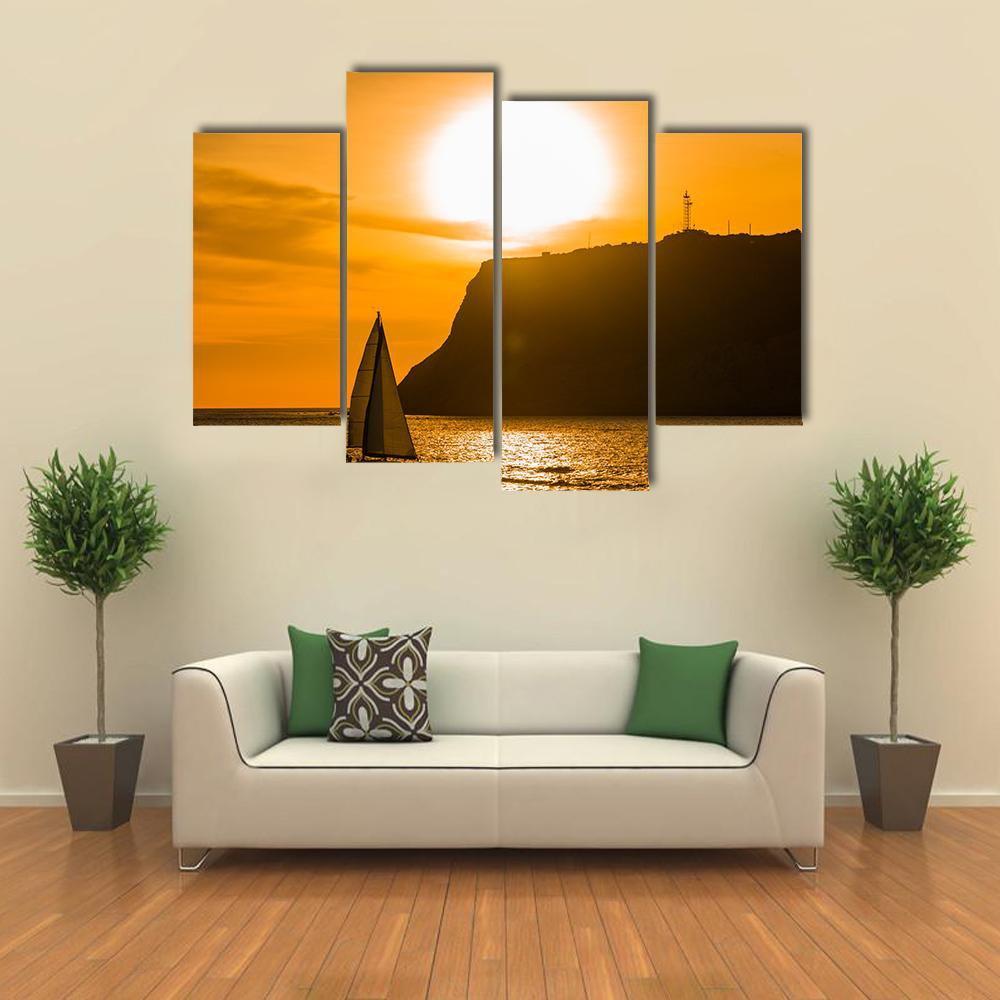 Sailboat At Orange Sunset Canvas Wall Art-4 Pop-Gallery Wrap-50" x 32"-Tiaracle