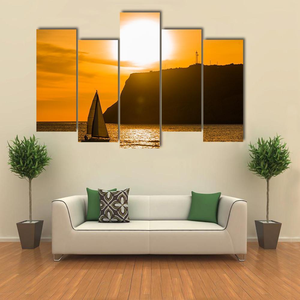 Sailboat At Orange Sunset Canvas Wall Art-5 Pop-Gallery Wrap-47" x 32"-Tiaracle