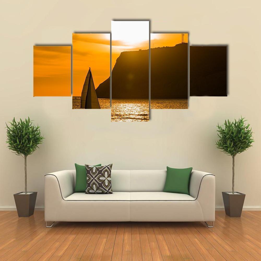 Sailboat At Orange Sunset Canvas Wall Art-5 Star-Gallery Wrap-62" x 32"-Tiaracle