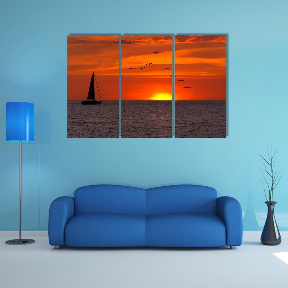 Sailboat At Sunset Canvas Wall Art-3 Horizontal-Gallery Wrap-37" x 24"-Tiaracle