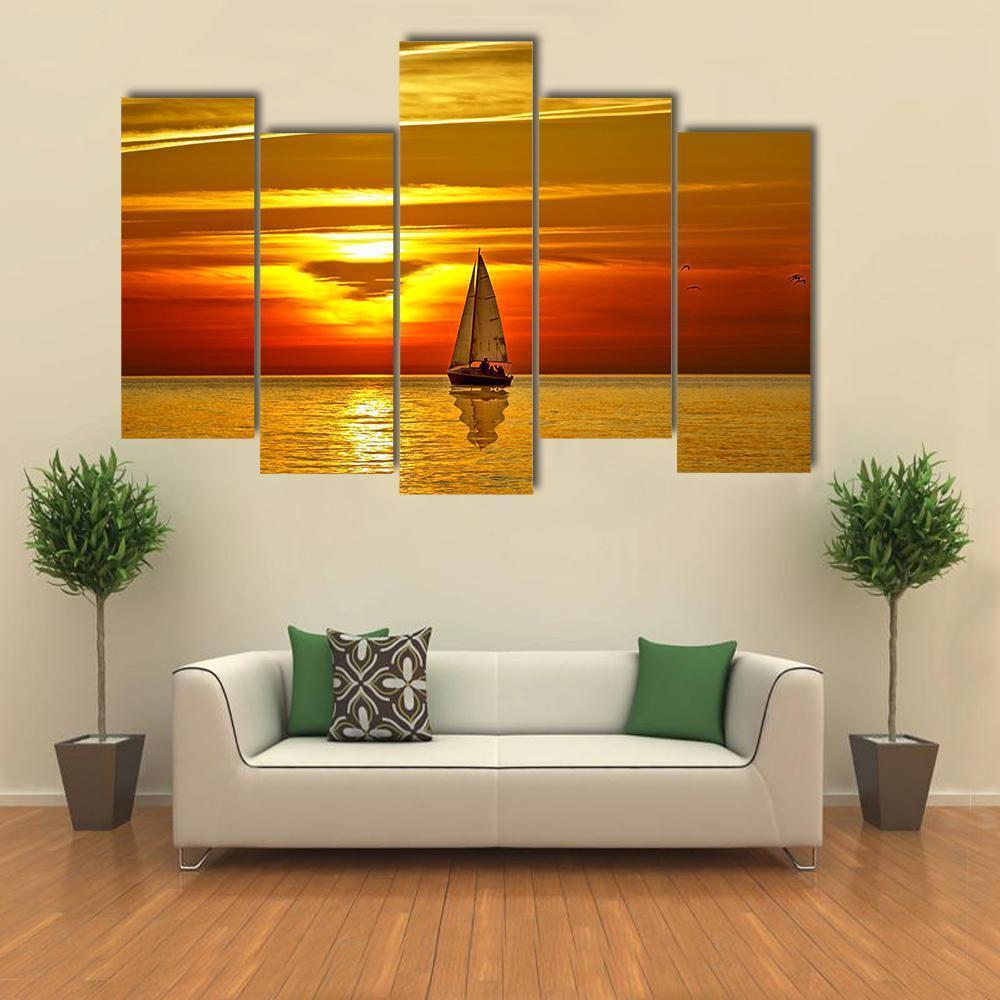 Sailboat At Sunset Canvas Wall Art-5 Pop-Gallery Wrap-47" x 32"-Tiaracle