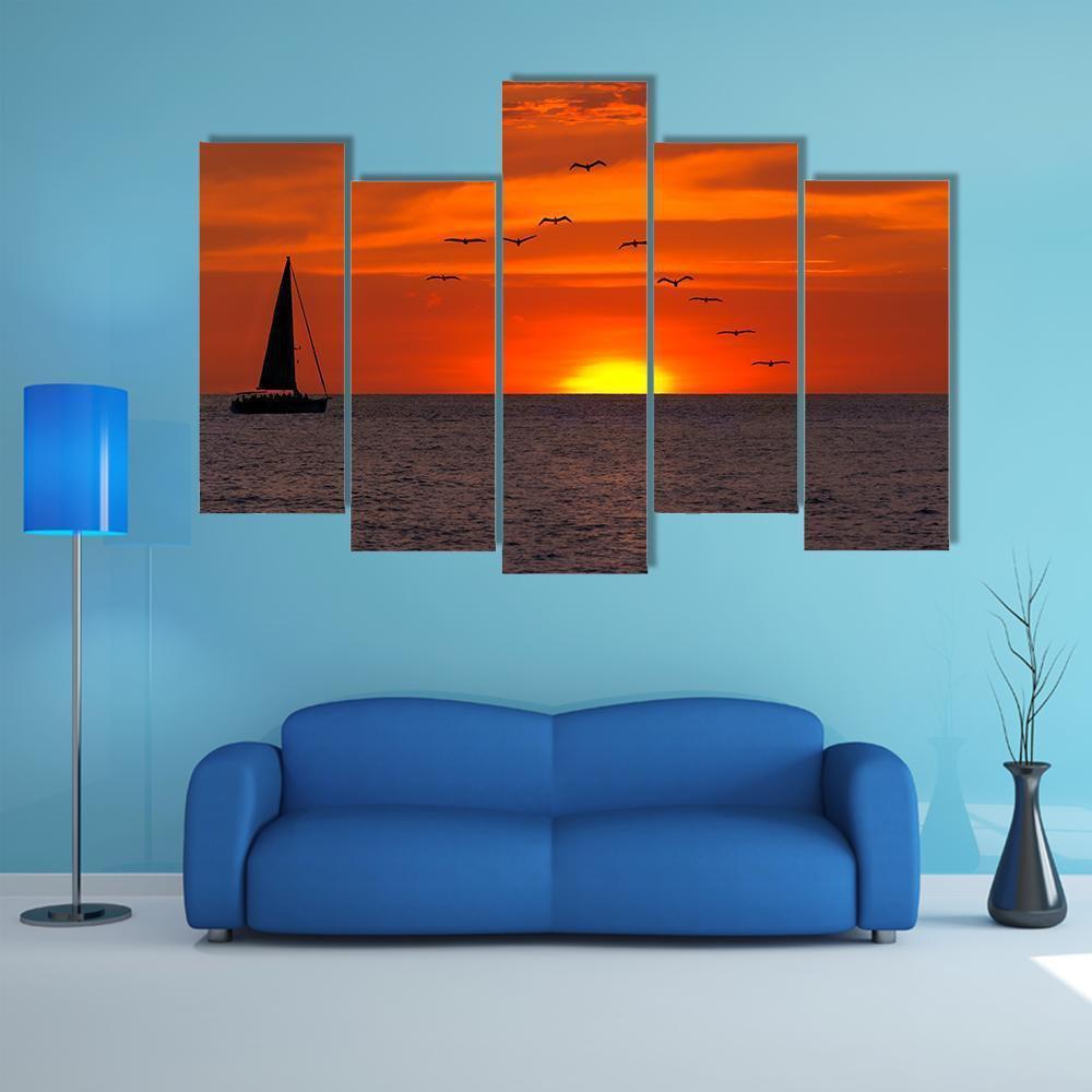 Sailboat At Sunset Canvas Wall Art-5 Pop-Gallery Wrap-47" x 32"-Tiaracle