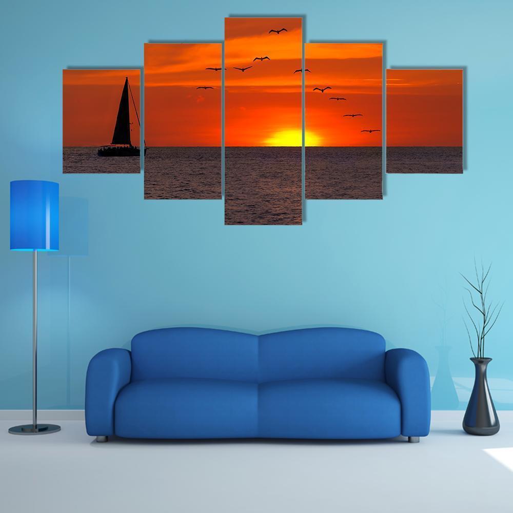 Sailboat At Sunset Canvas Wall Art-5 Star-Gallery Wrap-62" x 32"-Tiaracle