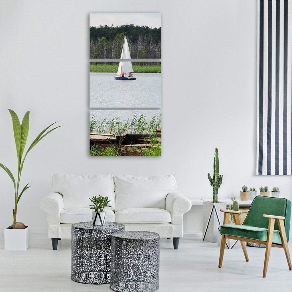 Sailboat In Lake Vertical Canvas Wall Art-3 Vertical-Gallery Wrap-12" x 25"-Tiaracle