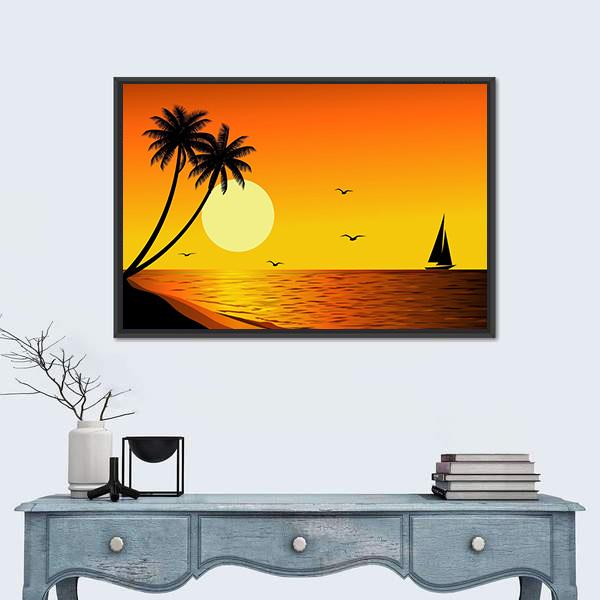 Sailboat With Sunset Over River Canvas Wall Art-1 Piece-Floating Frame-24" x 16"-Tiaracle