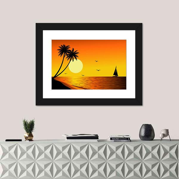 Sailboat With Sunset Over River Canvas Wall Art-1 Piece-Framed Print-20" x 16"-Tiaracle
