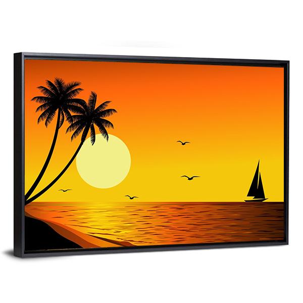 Sailboat With Sunset Over River Canvas Wall Art-3 Horizontal-Gallery Wrap-25" x 16"-Tiaracle