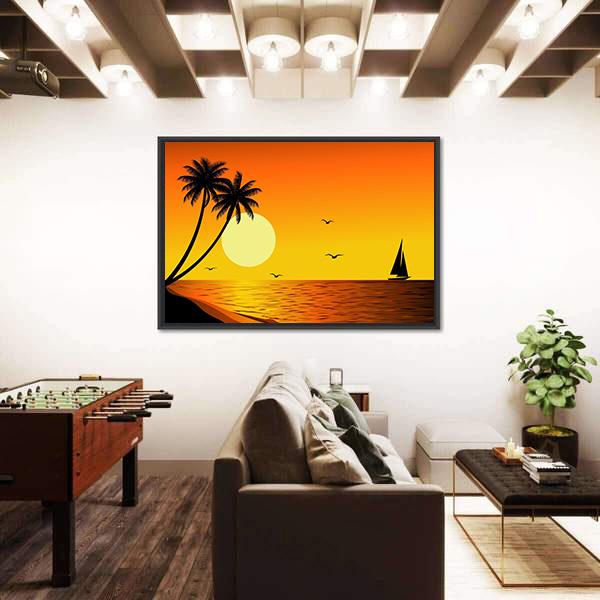 Sailboat With Sunset Over River Canvas Wall Art-3 Horizontal-Gallery Wrap-25" x 16"-Tiaracle
