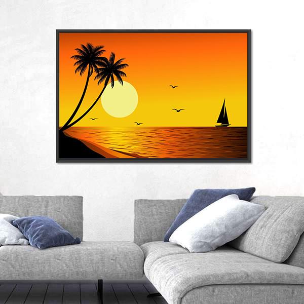 Sailboat With Sunset Over River Canvas Wall Art-3 Horizontal-Gallery Wrap-25" x 16"-Tiaracle