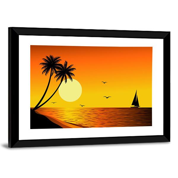 Sailboat With Sunset Over River Canvas Wall Art-3 Horizontal-Gallery Wrap-25" x 16"-Tiaracle