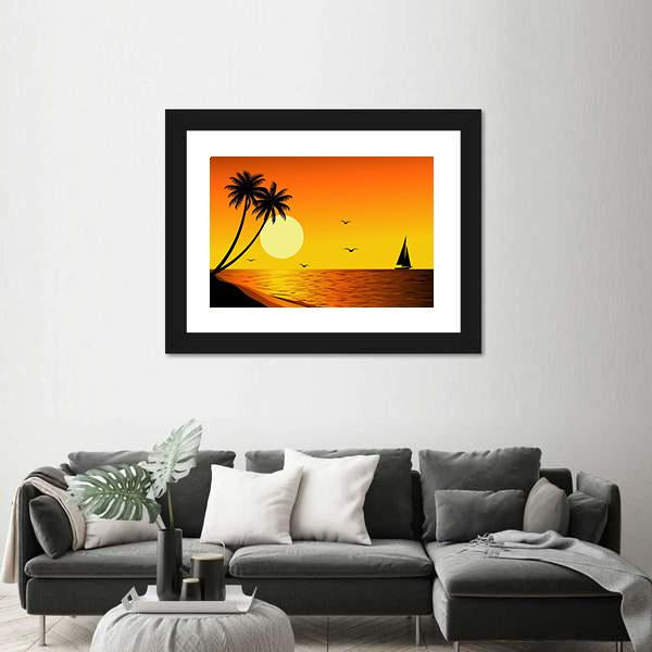 Sailboat With Sunset Over River Canvas Wall Art-3 Horizontal-Gallery Wrap-25" x 16"-Tiaracle