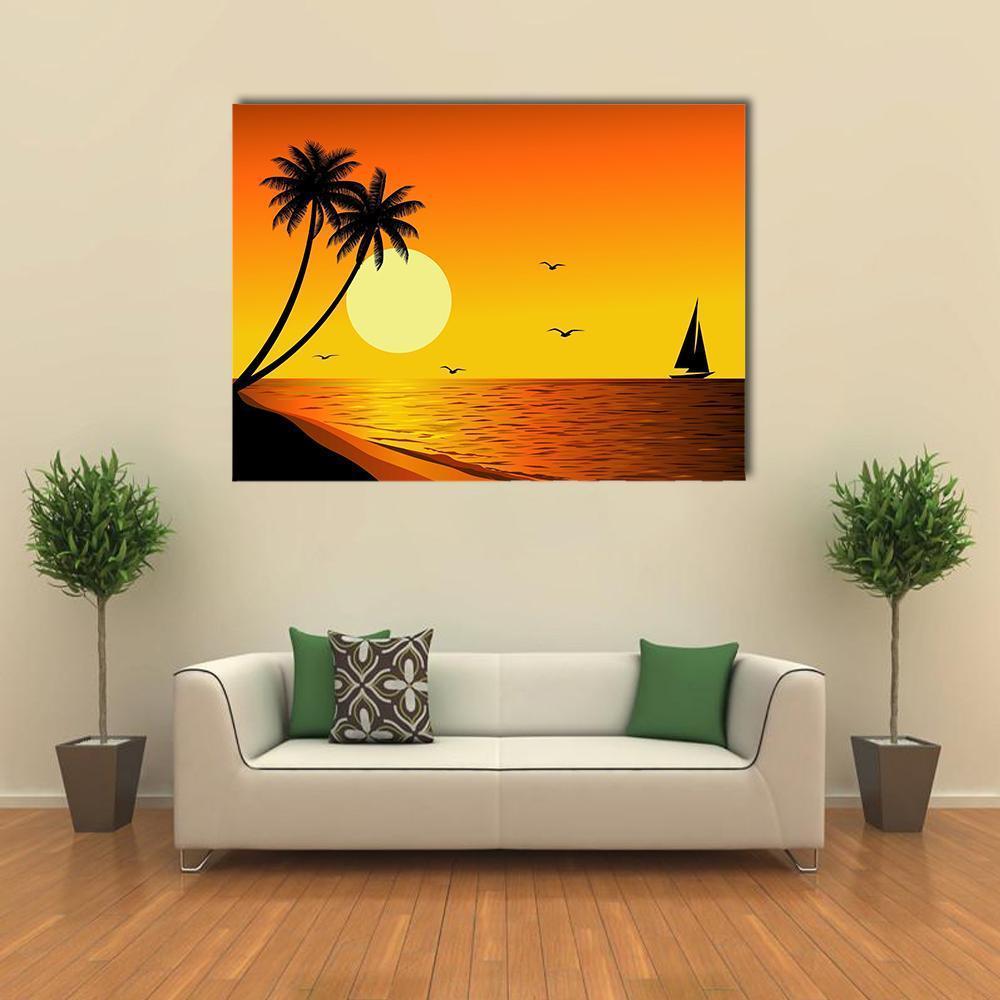 Sailboat at Sunset Over River with Palm Silhouettes Canvas Wall Art in black, orange and yellow, single panel hung on a wall