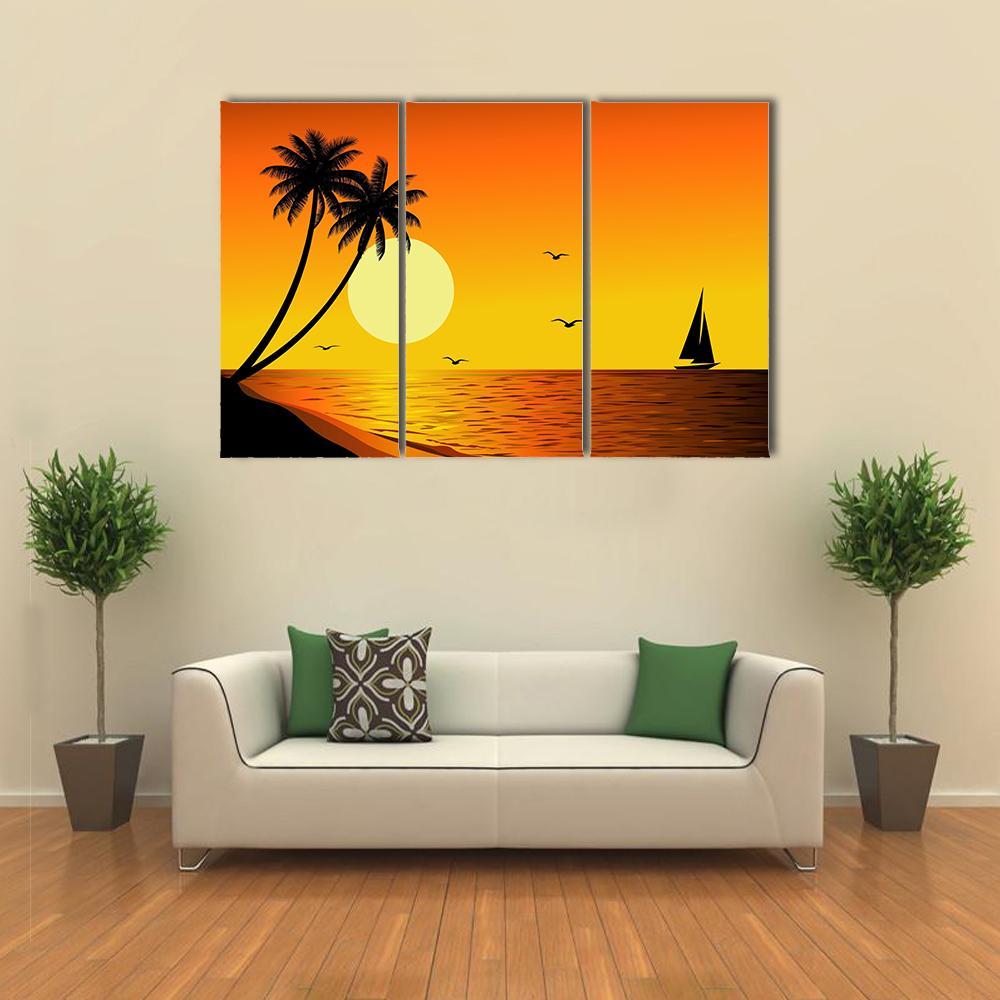 Sailboat With Sunset Over River Canvas Wall Art-3 Horizontal-Gallery Wrap-37" x 24"-Tiaracle