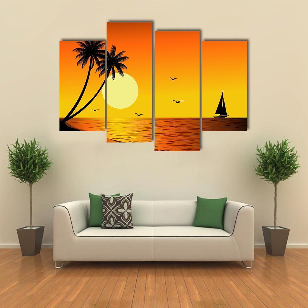 Sailboat With Sunset Over River Canvas Wall Art-4 Pop-Gallery Wrap-50" x 32"-Tiaracle