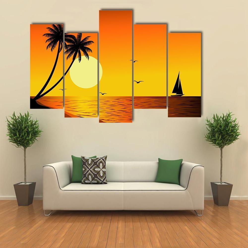 Sailboat With Sunset Over River Canvas Wall Art-5 Pop-Gallery Wrap-47" x 32"-Tiaracle