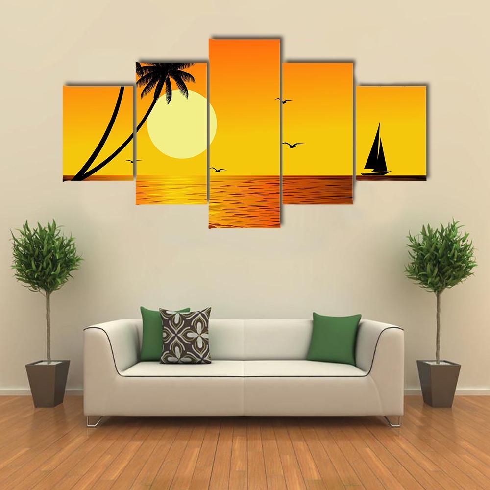Sailboat With Sunset Over River Canvas Wall Art-5 Star-Gallery Wrap-62" x 32"-Tiaracle