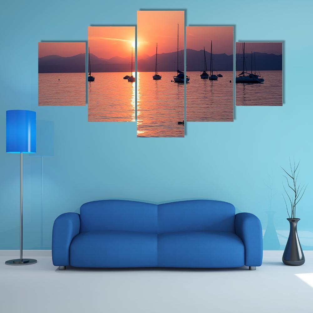 Sailboats Moored In Lake Garda Canvas Wall Art-5 Star-Gallery Wrap-62" x 32"-Tiaracle