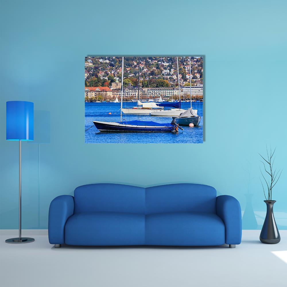 Sailboats On Lake Zurich Canvas Wall Art-1 Piece-Gallery Wrap-48" x 32"-Tiaracle
