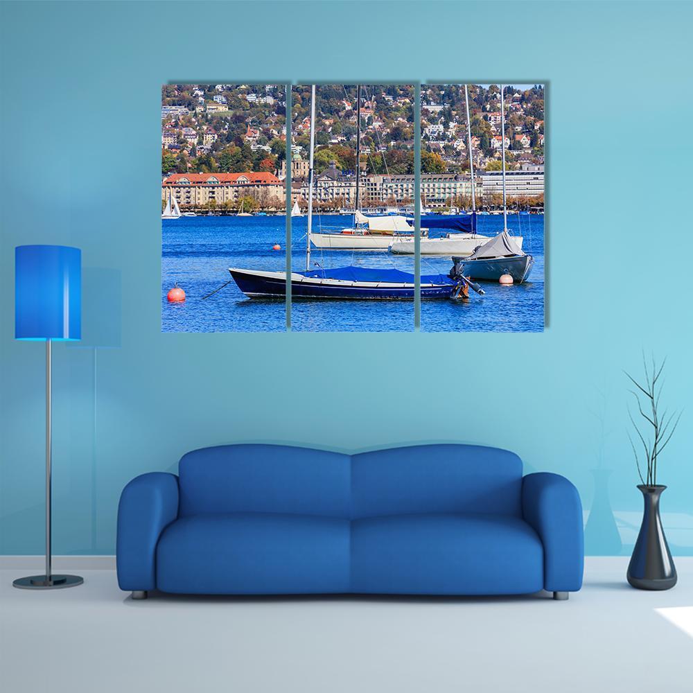 Sailboats On Lake Zurich Canvas Wall Art-3 Horizontal-Gallery Wrap-37" x 24"-Tiaracle