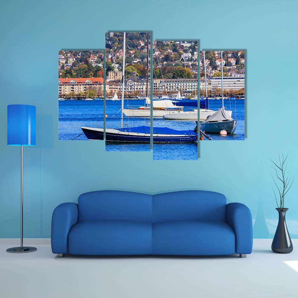 Sailboats On Lake Zurich Canvas Wall Art-5 Star-Gallery Wrap-62" x 32"-Tiaracle