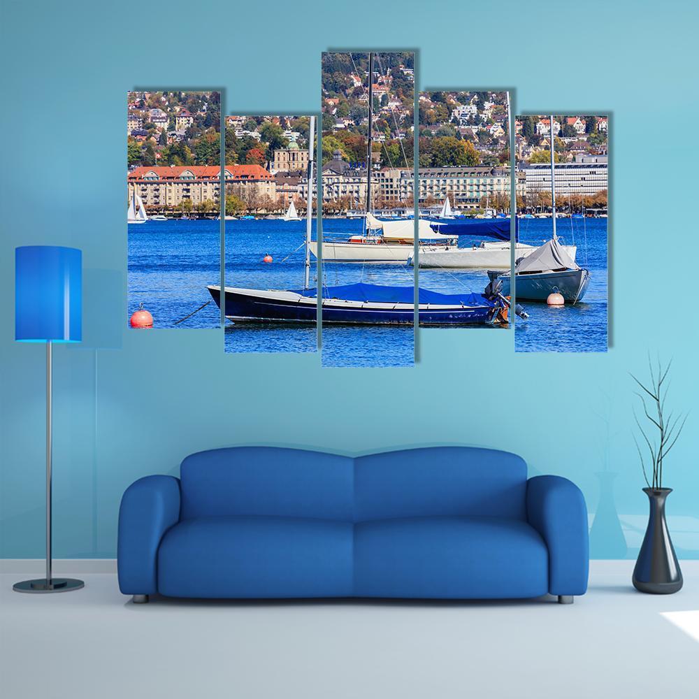 Sailboats On Lake Zurich Canvas Wall Art-5 Pop-Gallery Wrap-47" x 32"-Tiaracle