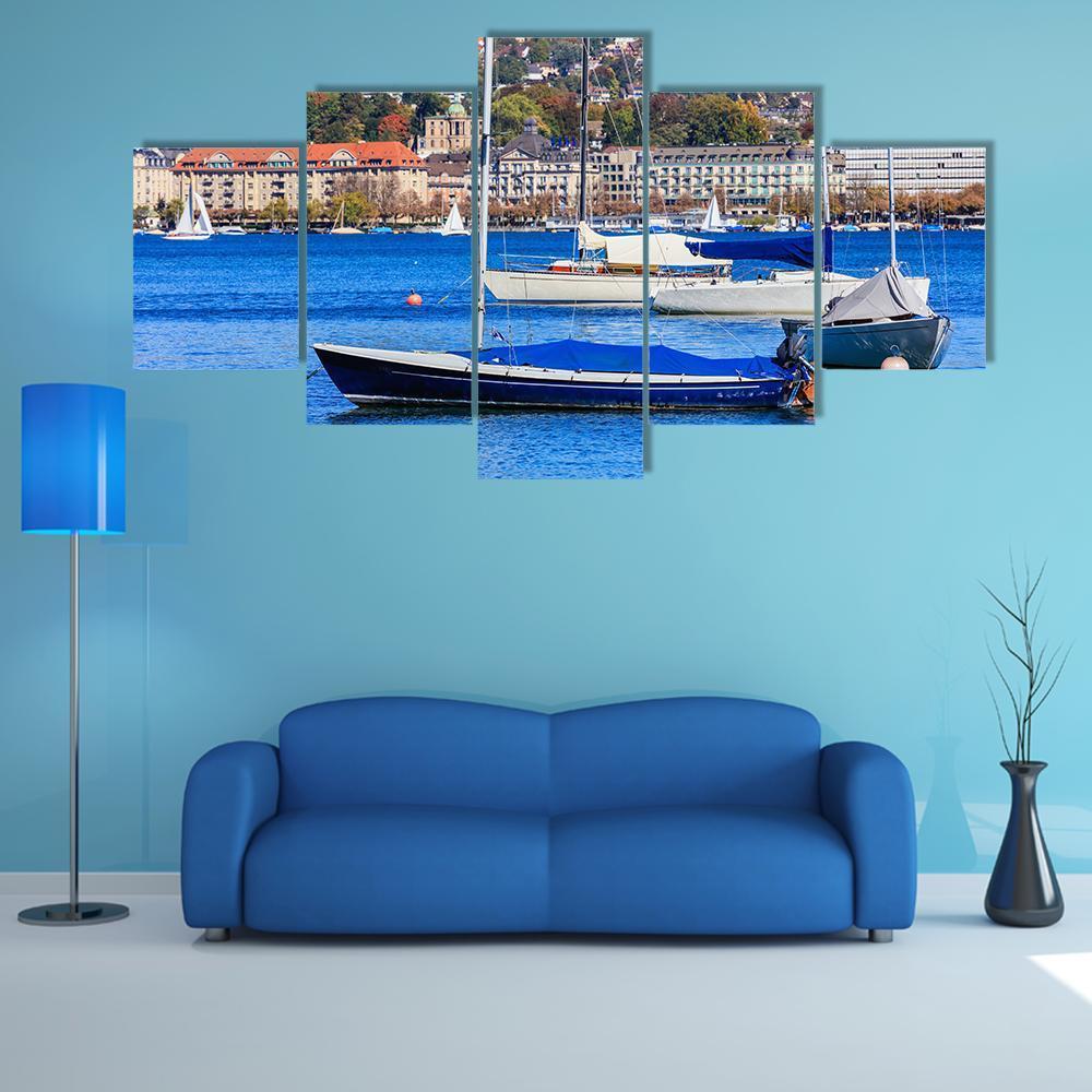 Sailboats On Lake Zurich Canvas Wall Art-5 Star-Gallery Wrap-62" x 32"-Tiaracle