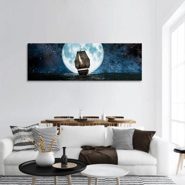 Boat In Full Moon Night Panoramic Canvas Wall Art-1 Piece-36" x 12"-Tiaracle