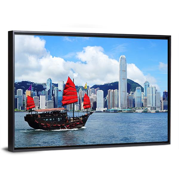 Sailing Boat In Hong Kong Harbour Canvas Wall Art-3 Horizontal-Gallery Wrap-25" x 16"-Tiaracle
