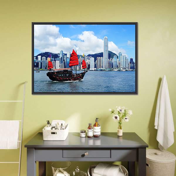 Sailing Junk Boat in Hong Kong Harbour Canvas Wall Art in white, red and blue, framed canvas, product view on a white background