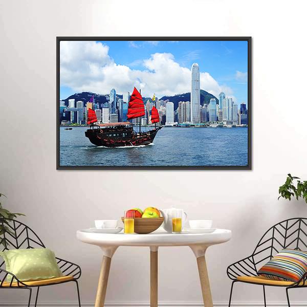 Sailing Boat In Hong Kong Harbour Canvas Wall Art-3 Horizontal-Gallery Wrap-25" x 16"-Tiaracle