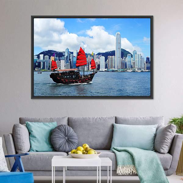 Sailing Boat In Hong Kong Harbour Canvas Wall Art-3 Horizontal-Gallery Wrap-25" x 16"-Tiaracle